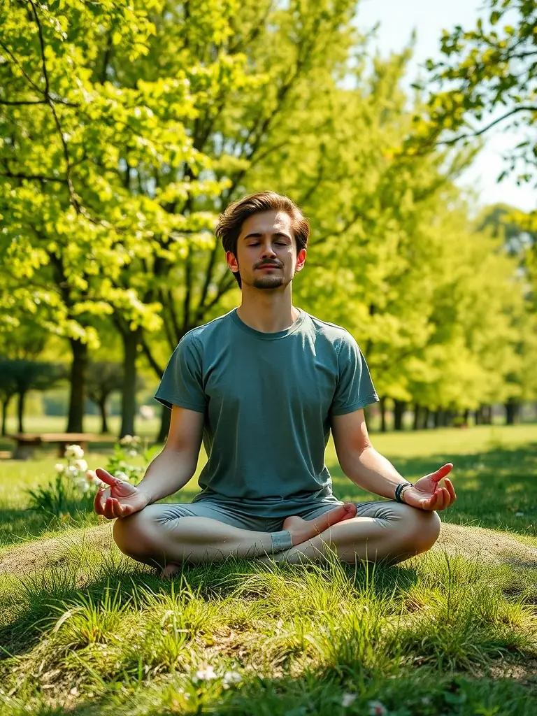 A serene image of a person meditating outdoors in a lush green environment, symbolizing mental and emotional well-being, for the Wellness Resources section of Lifestyle Guru.