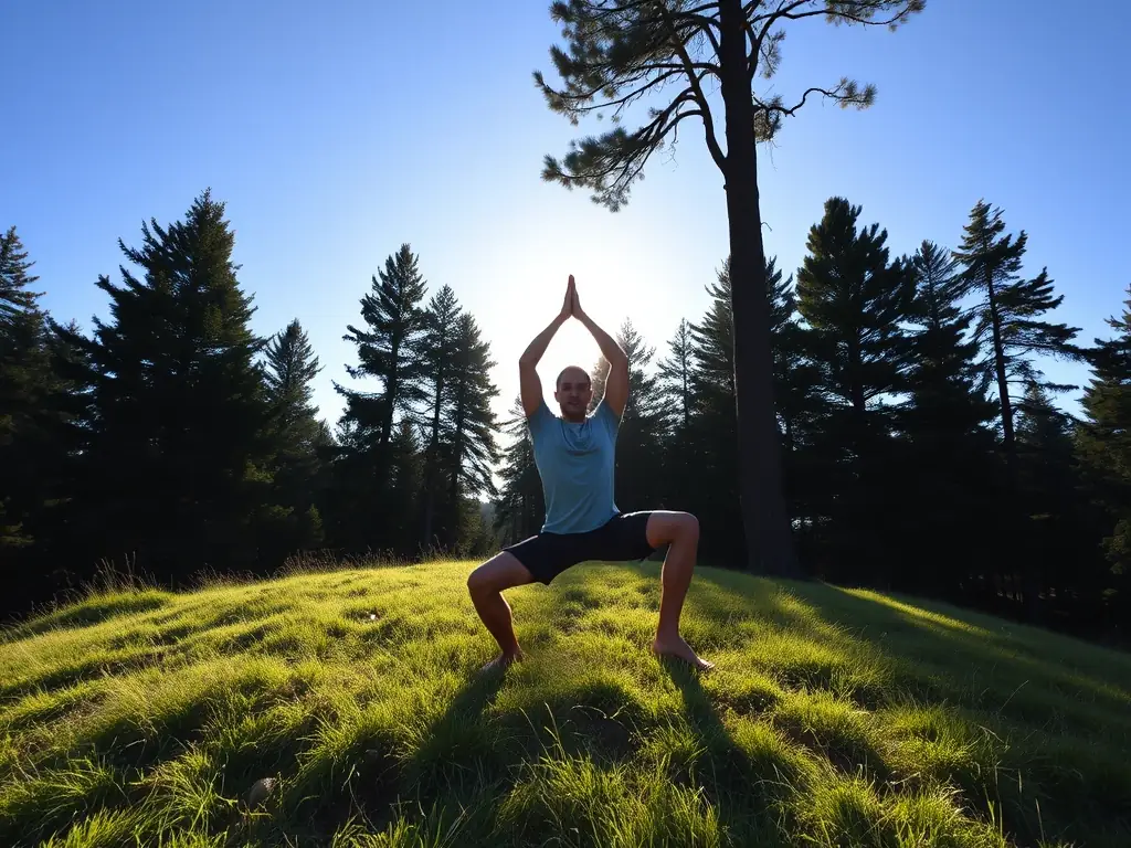 A person practicing yoga outdoors in a serene natural setting, symbolizing physical and mental well-being.